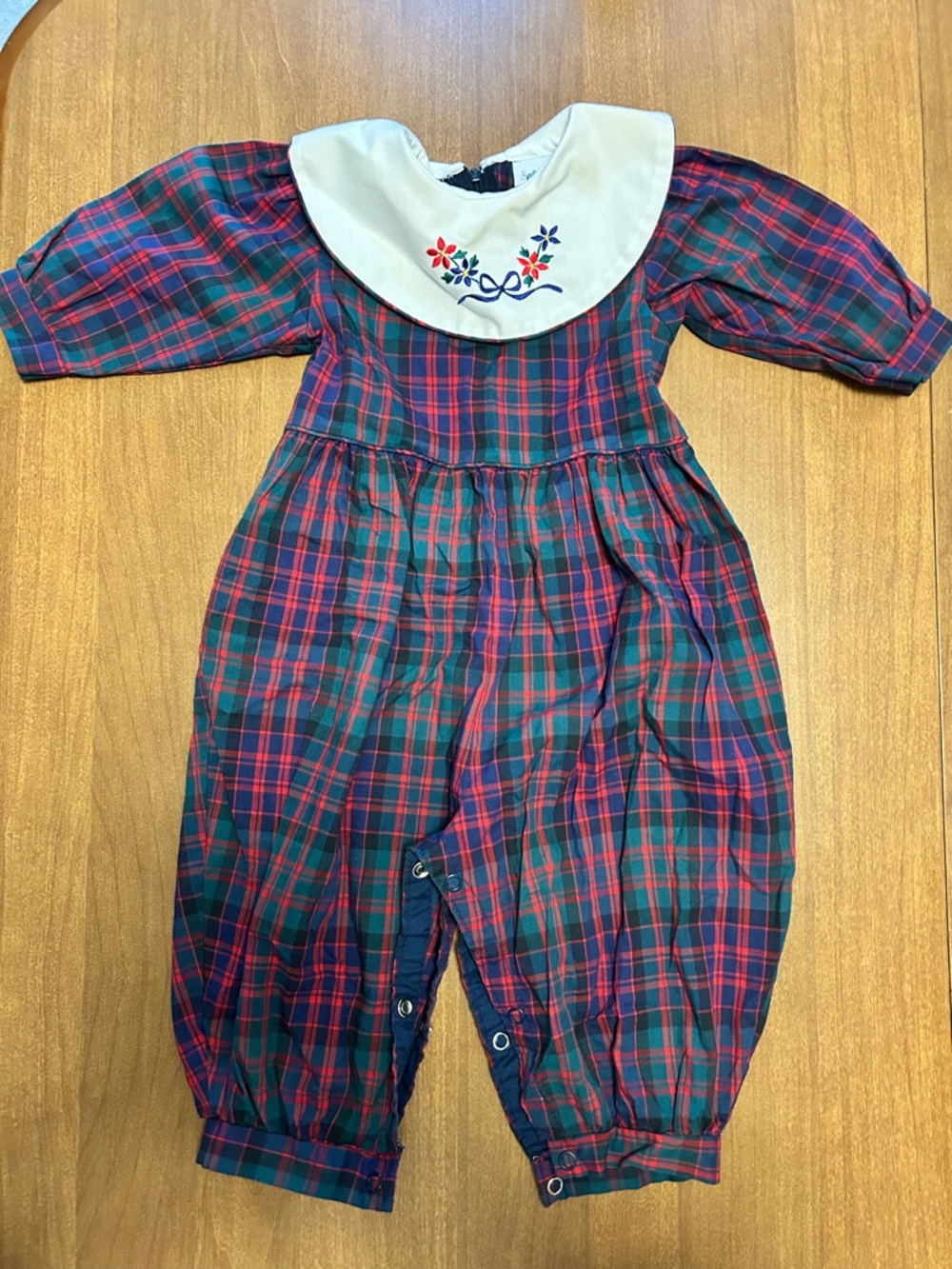 Vintage 90’s Plaid Infant Romper with White Embroidered Collar Size 12 Months